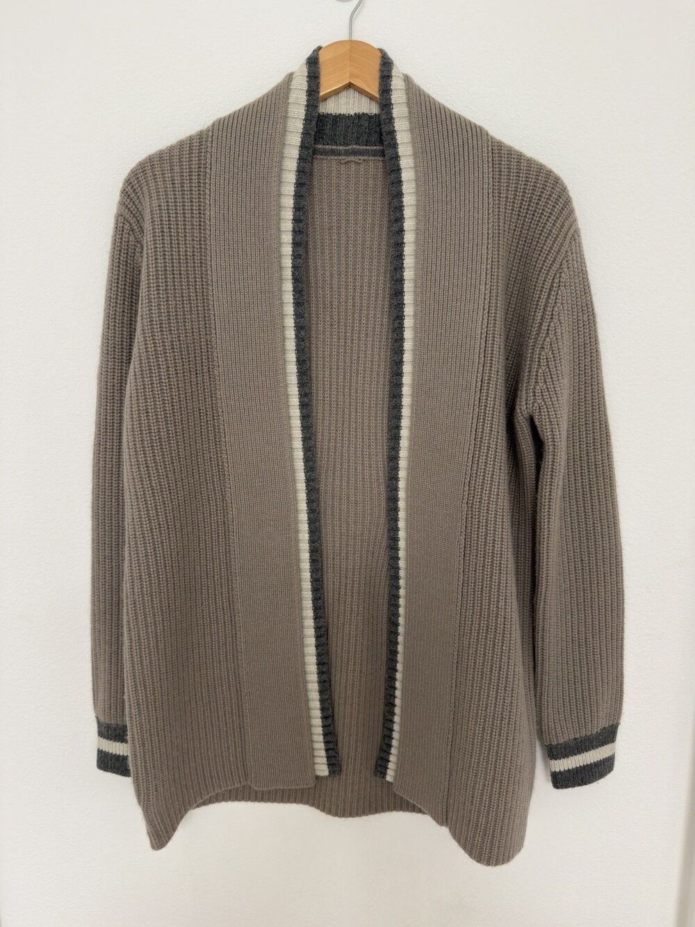 Kit and Ace Longline Wool Cashmere Cardigan XS/S Ribbed Open Front Varsity Trim